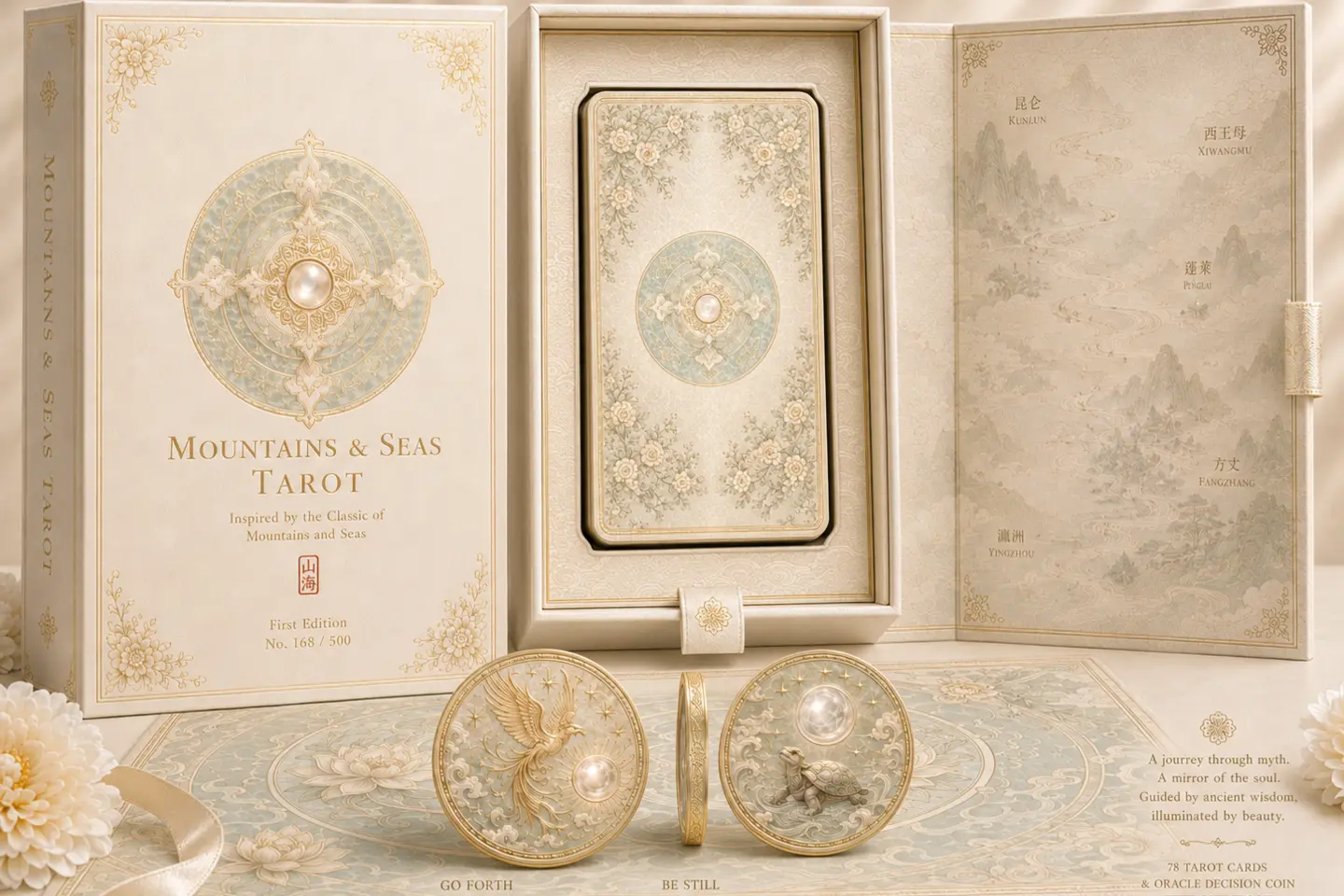 Mountains and Seas Legends Tarot collector set with deck, presentation box, guidebook, reading cloth, and Decision Coin