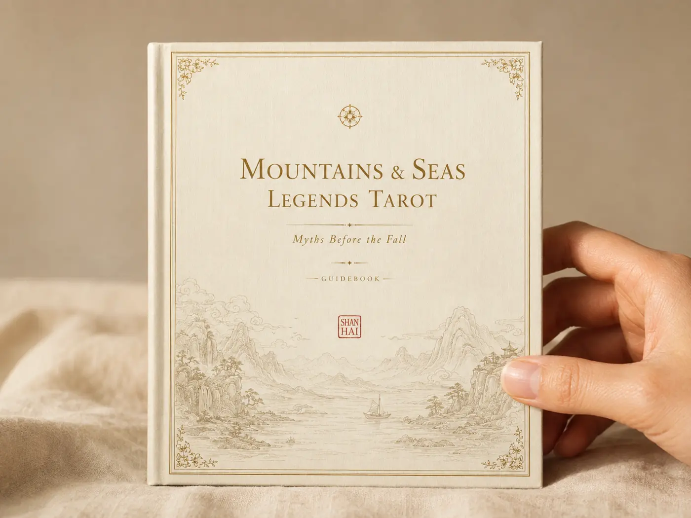 Mountains and Seas Legends Tarot printed guidebook cover prototype held in hand