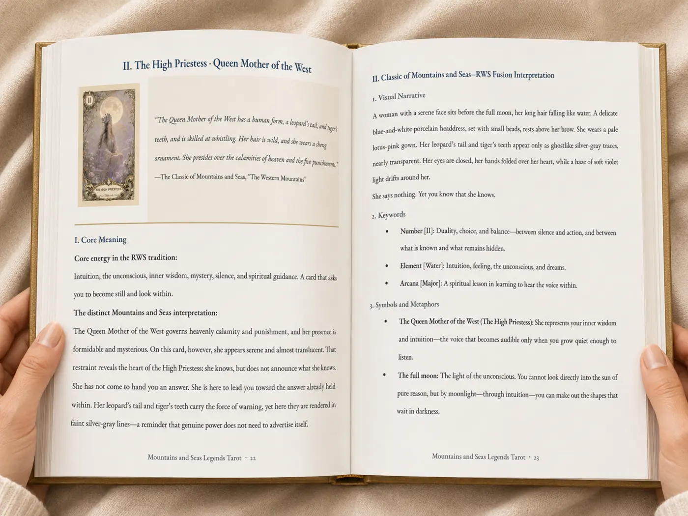 Open Mountains and Seas Legends Tarot guidebook prototype showing The High Priestess interpretation pages
